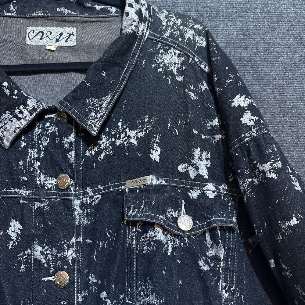 Crest Jeans Black Denim Jacket Silver Foil Gothic Grunge Biker No Size Label - Picture 2 of 11